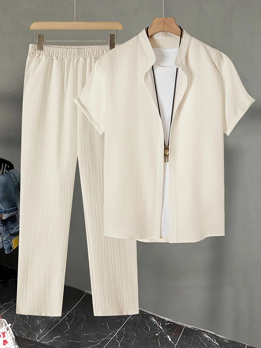 Men's Two Pieces Casual Outfit Loungewear Solid Color Textured Short Sleeve Button Down Shirt and Long Drawstring Pants