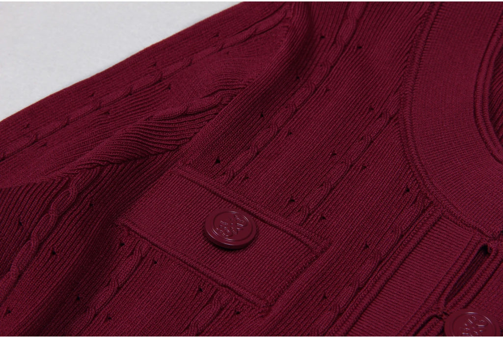 Three Color High-quality New Fashionable Elastic Knitted Hollow Round Neck Single Breasted Short Sleeved Slim Fit Women's Dress