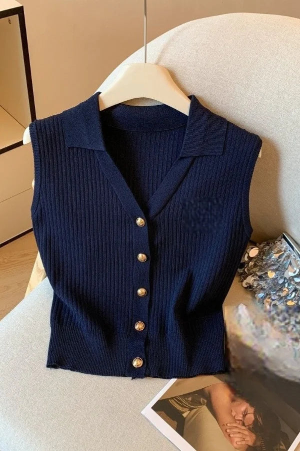 2025 Summer Korean Style Embroidered Lapel Single-breasted Knitted Women's Sleeveless Versatile Temperament Sleeveless Tank Top