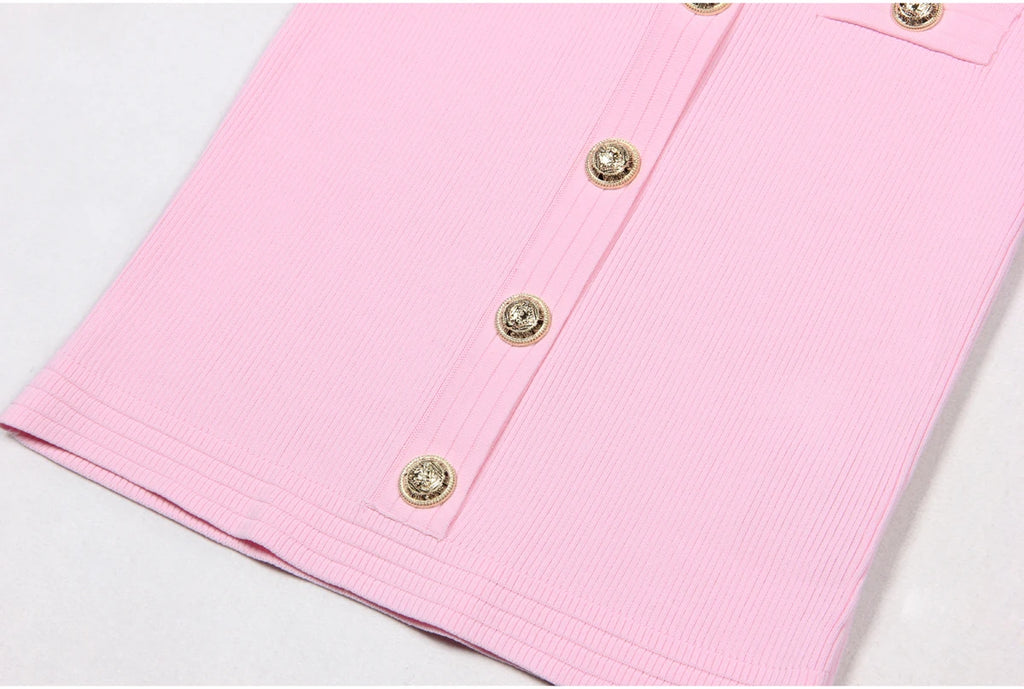 2025 Spring/Summer New Fashion Knitted Elastic Short Sleeve Solid Color Gold Button Slimming Style Commuter Women's Dress