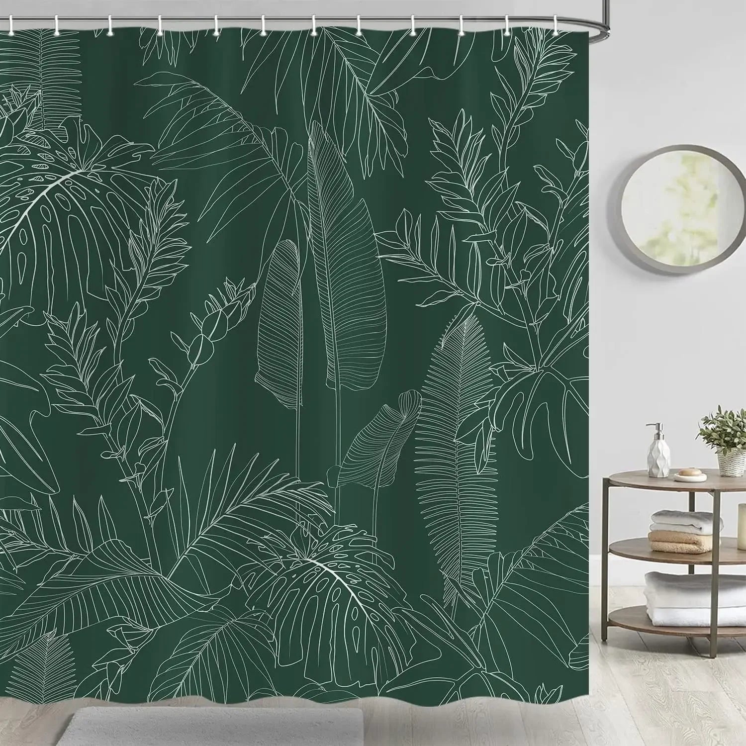 Simple Plant Black Shower Curtain, Decorative Shower Curtain for the Bathroom with Elegant Tropical Leaves and Flowers