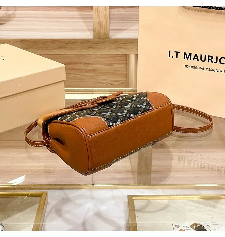 Women's Wooden Handle Genuine Leather Old Flower Cross-Border New Style Commute Keli Bag Single Shoulder Slant Cross Small Bag