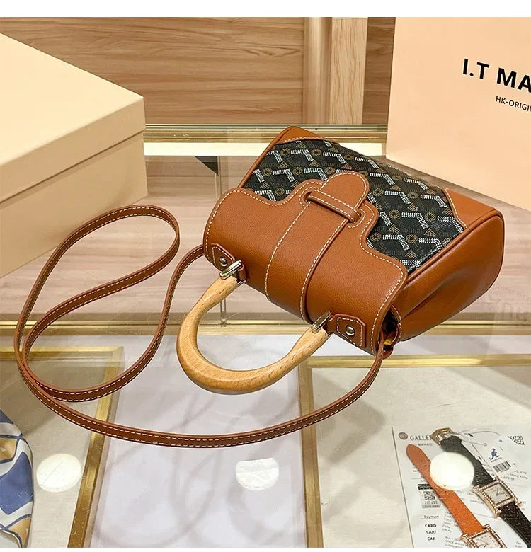 Women's Wooden Handle Genuine Leather Old Flower Cross-Border New Style Commute Keli Bag Single Shoulder Slant Cross Small Bag