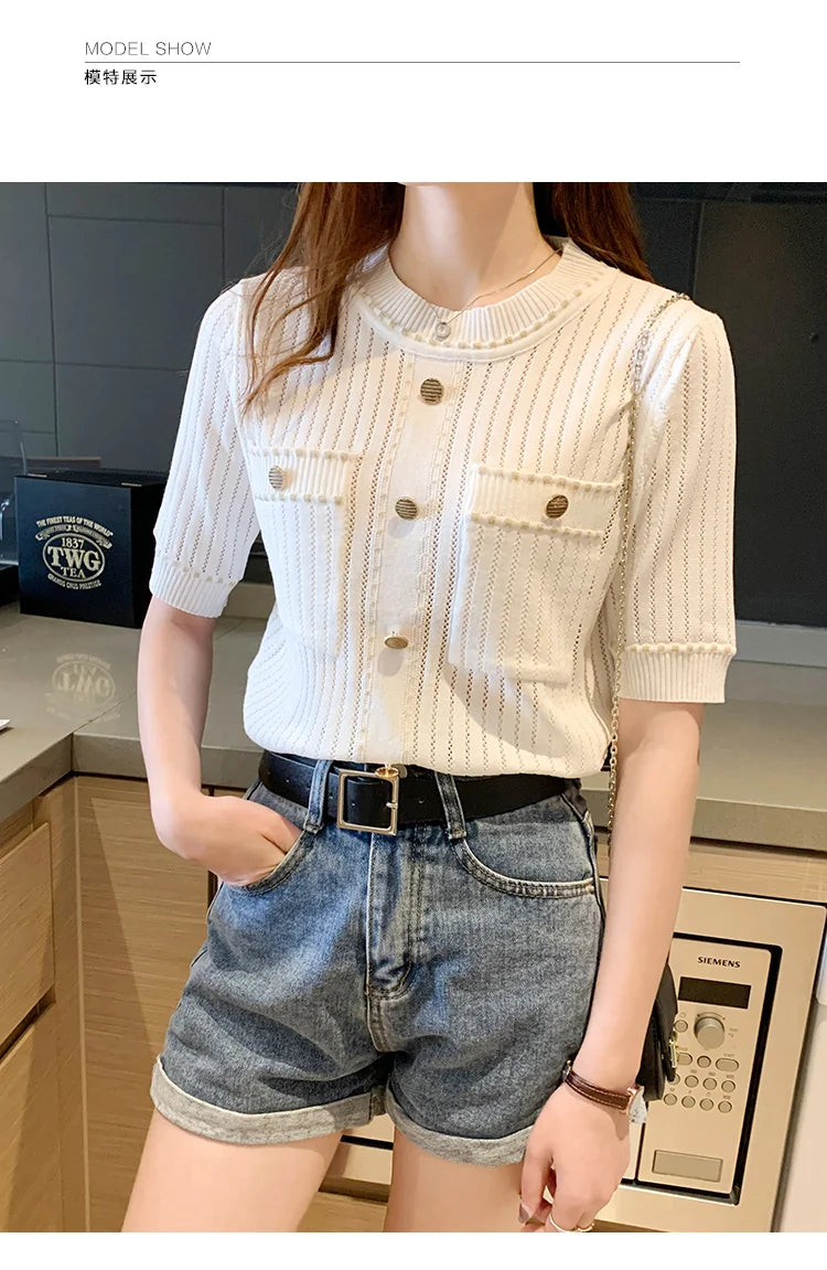 White Tshirt Women Summer 2024 Short Sleeve Top Ladies Pockets Basic T Shirts Knitted Casual Clothes Tee Shirt Femme