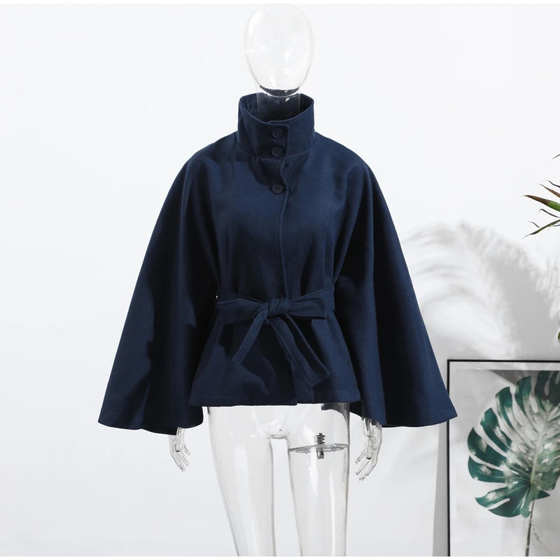 Faux Fur Cloak Jackets Women Loose StandNeck Three Button Wide Sleeves Belt Coats Female 2025 Autumn Solid Chic Fashion Outwears