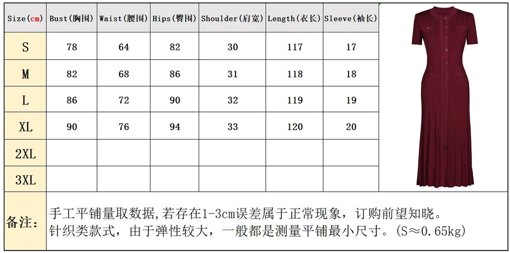 Three Color High-quality New Fashionable Elastic Knitted Hollow Round Neck Single Breasted Short Sleeved Slim Fit Women's Dress