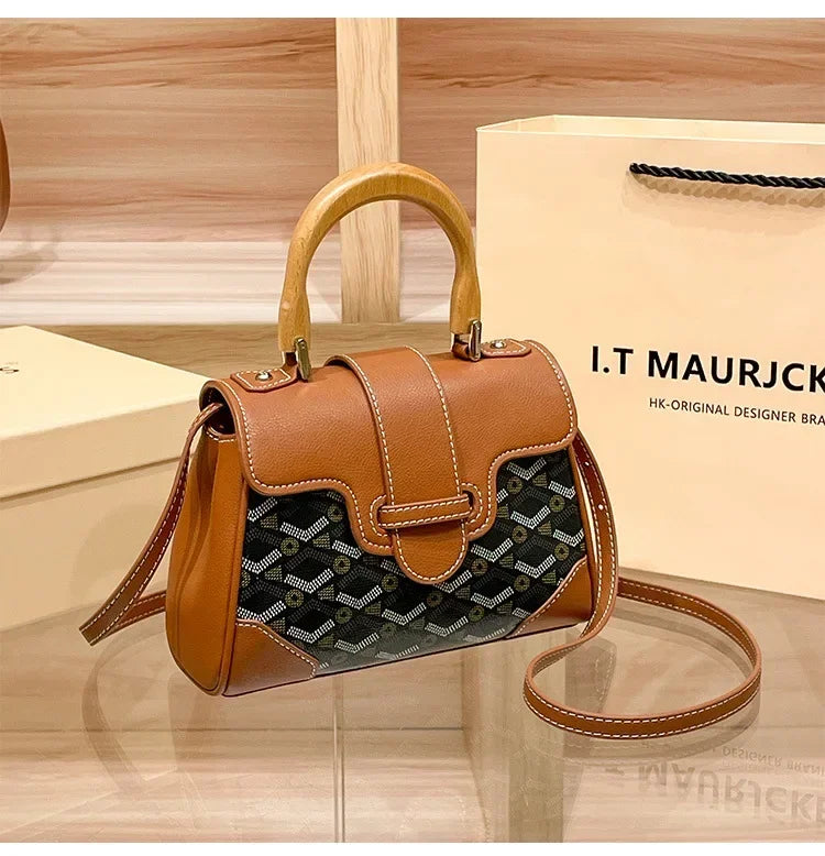 Women's Wooden Handle Genuine Leather Old Flower Cross-Border New Style Commute Keli Bag Single Shoulder Slant Cross Small Bag