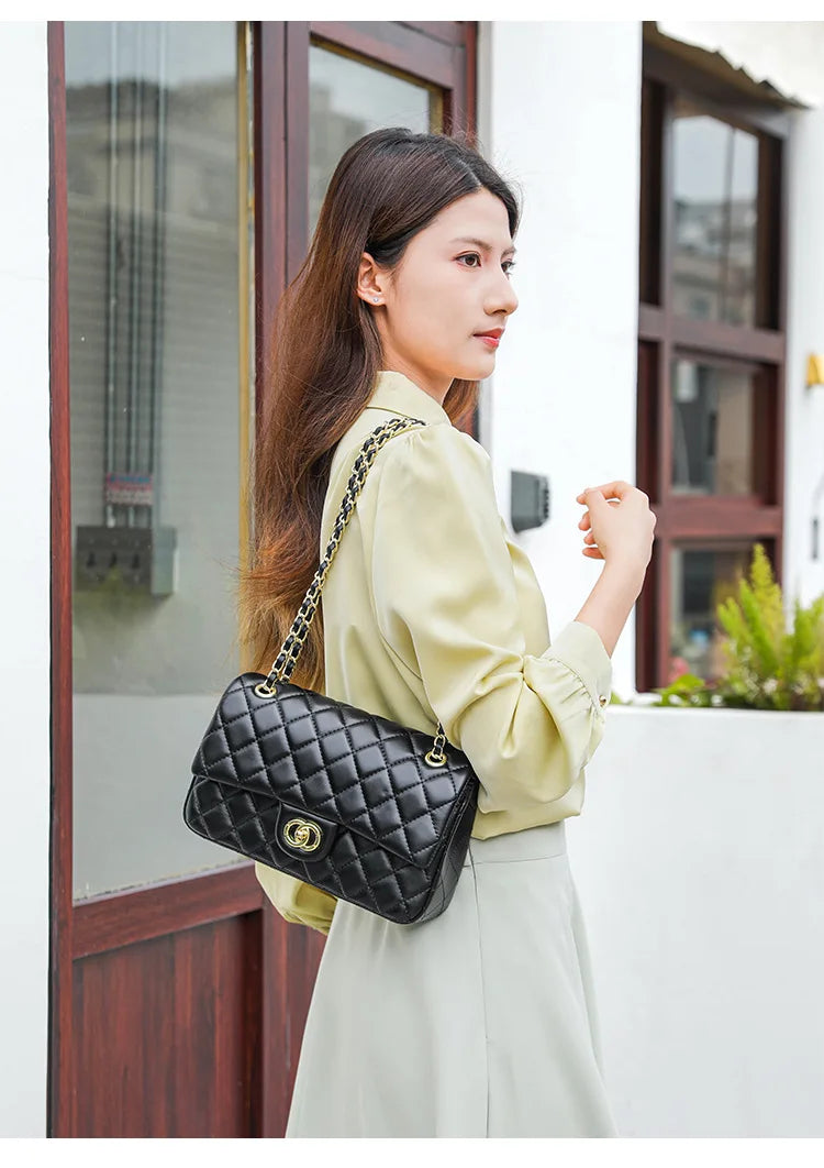 New Double Circle DIY Diamond Grid Chain Bag Fashionable Luxury Sheepskin Pattern Women's Single Shoulder Slant Cross Bag