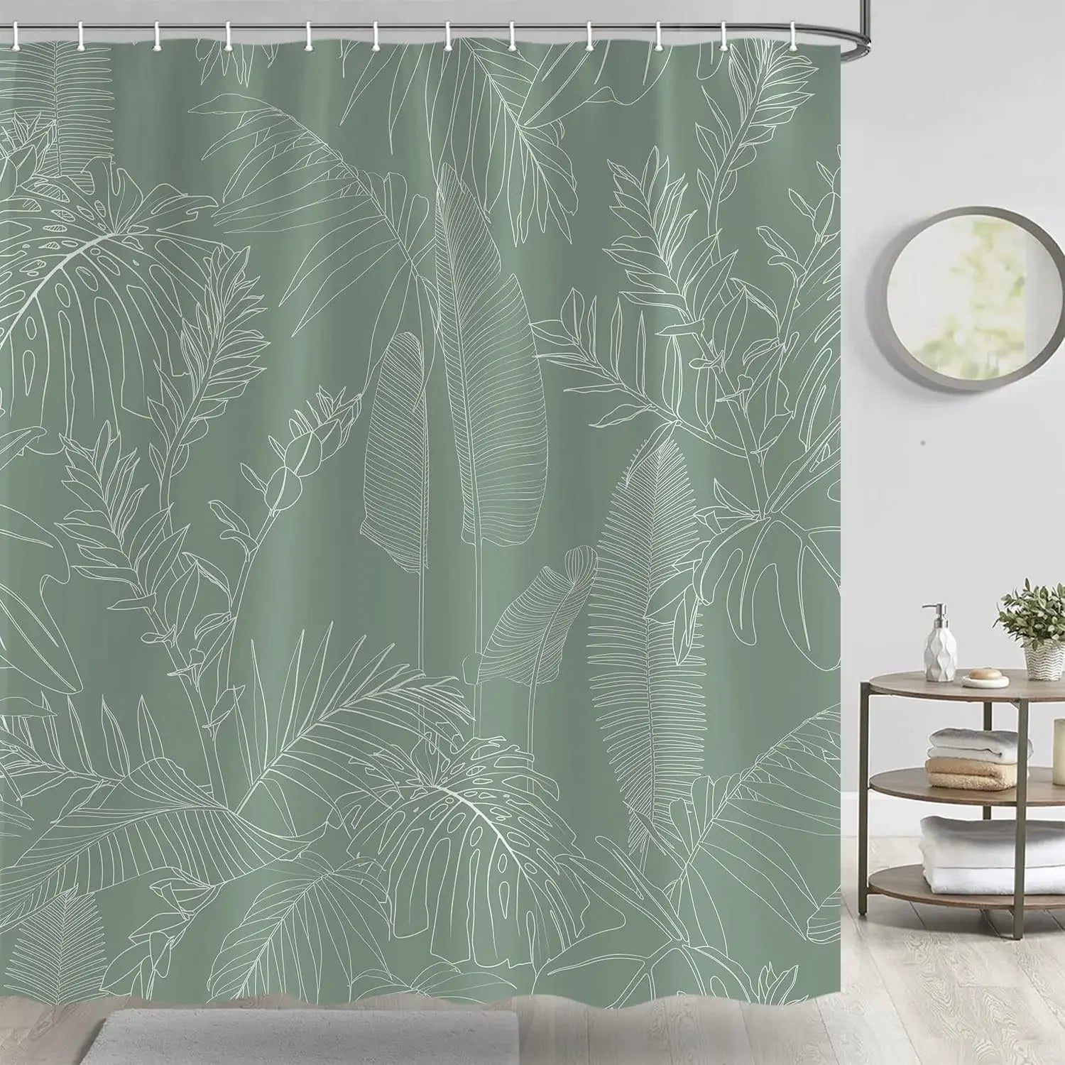Simple Plant Black Shower Curtain, Decorative Shower Curtain for the Bathroom with Elegant Tropical Leaves and Flowers