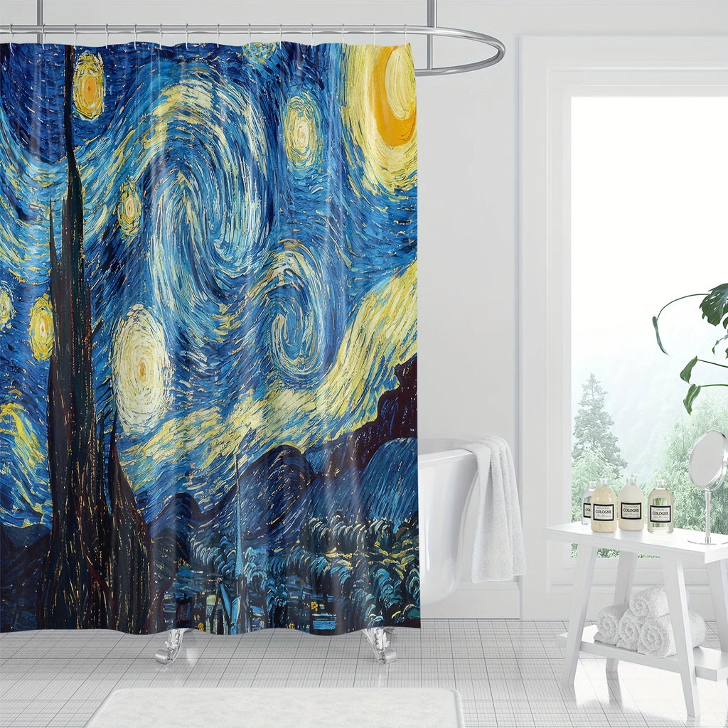 A Starry Night Shower Curtain: Bring the Iconic Masterpiece to Your Bathroom with This Stunning Design, Featuring Swirling Stars