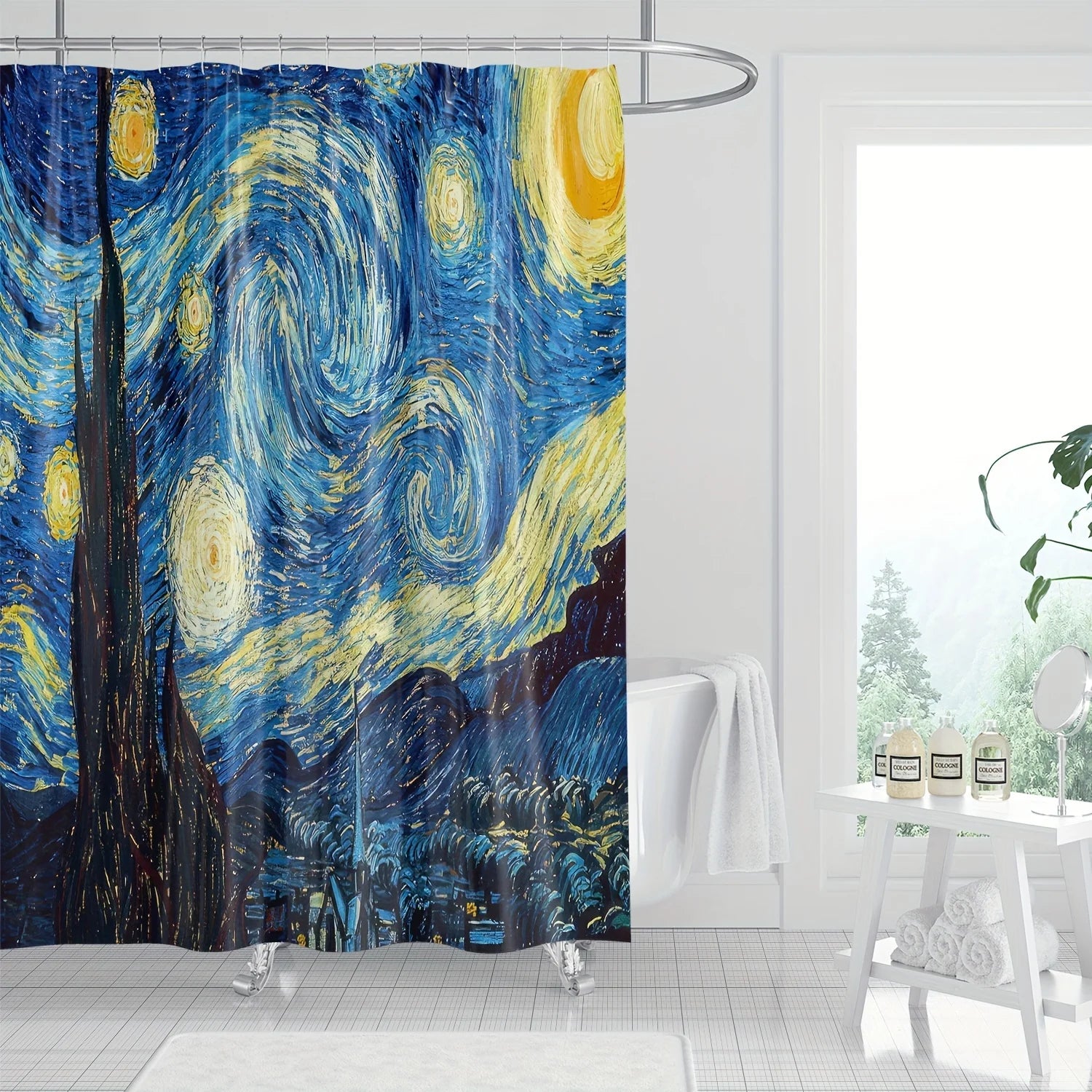 A Starry Night Shower Curtain: Bring the Iconic Masterpiece to Your Bathroom with This Stunning Design, Featuring Swirling Stars