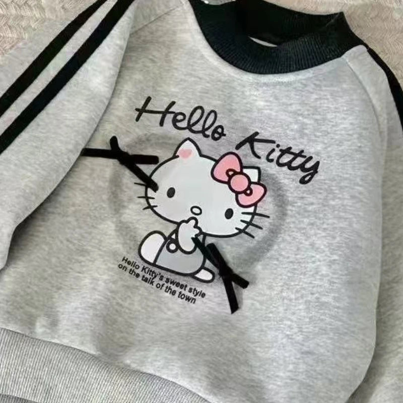 Baby Girl Clothes Set Autumn Kid Hello Kitty Sweatshirts Pullover Bow Top & Striped Pants 2pcs Suit Children Tracksuits Outfits