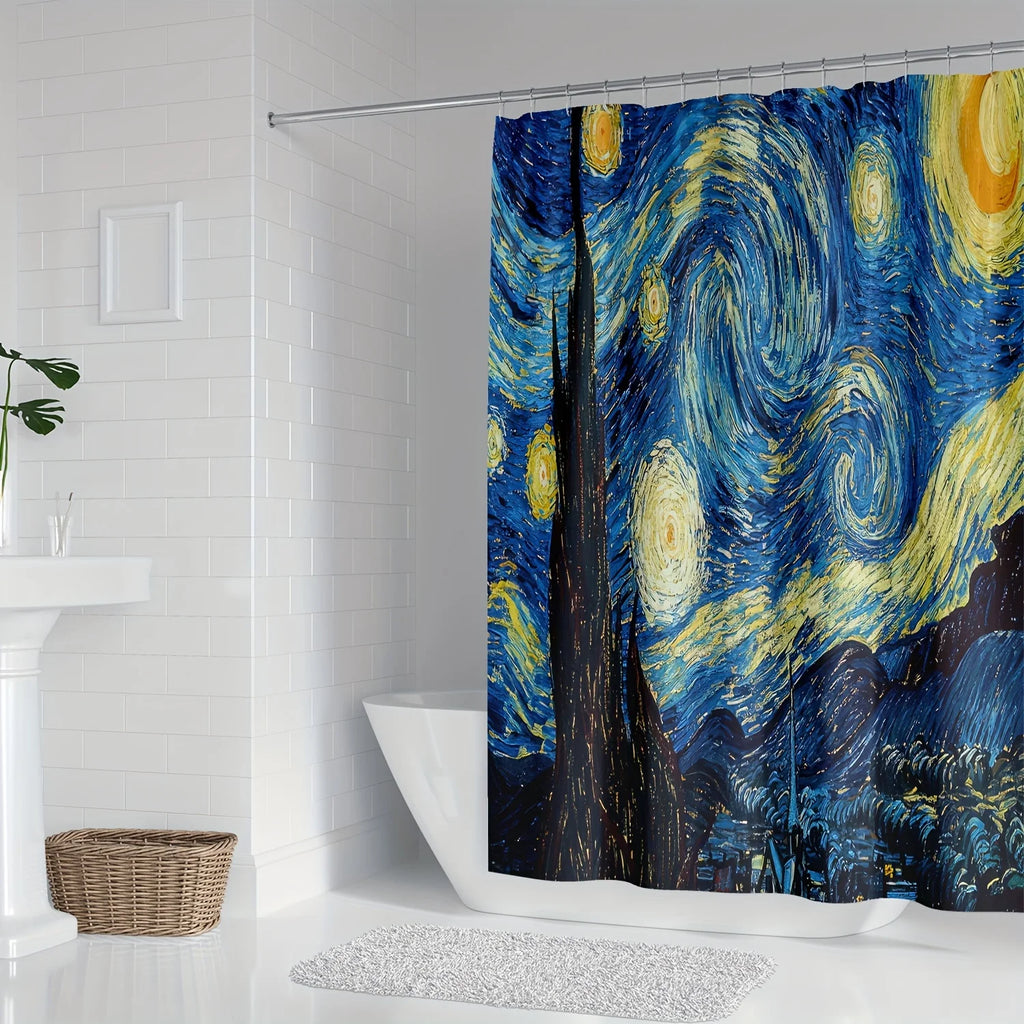 A Starry Night Shower Curtain: Bring the Iconic Masterpiece to Your Bathroom with This Stunning Design, Featuring Swirling Stars