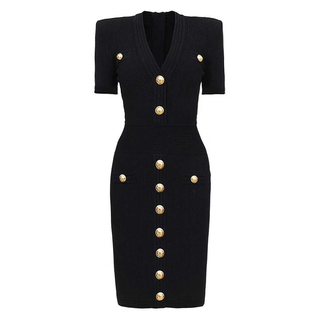 2025 Spring/Summer New Fashion Knitted Elastic Short Sleeve Solid Color Gold Button Slimming Style Commuter Women's Dress