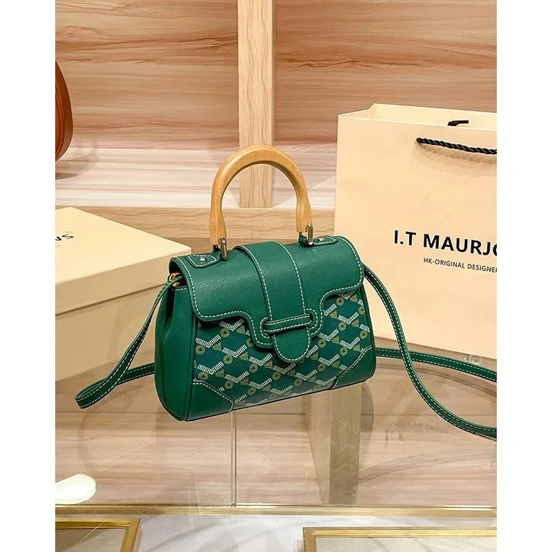 Women's Wooden Handle Genuine Leather Old Flower Cross-Border New Style Commute Keli Bag Single Shoulder Slant Cross Small Bag