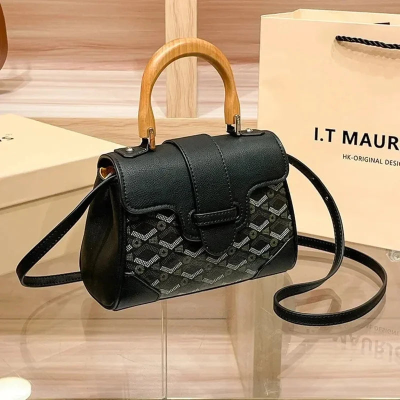 Women's Wooden Handle Genuine Leather Old Flower Cross-Border New Style Commute Keli Bag Single Shoulder Slant Cross Small Bag