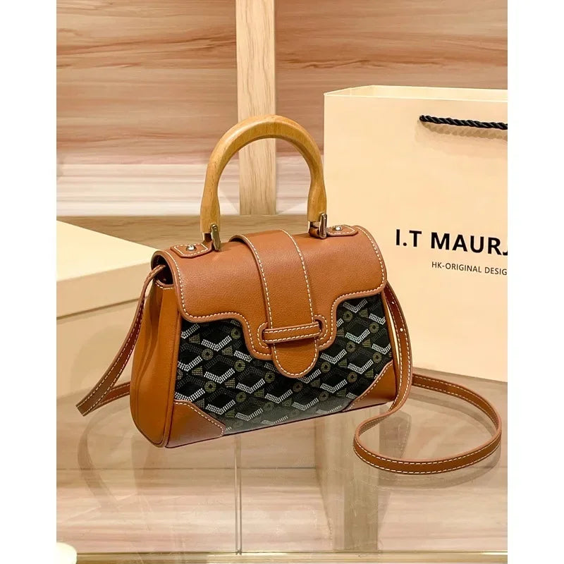 Women's Wooden Handle Genuine Leather Old Flower Cross-Border New Style Commute Keli Bag Single Shoulder Slant Cross Small Bag