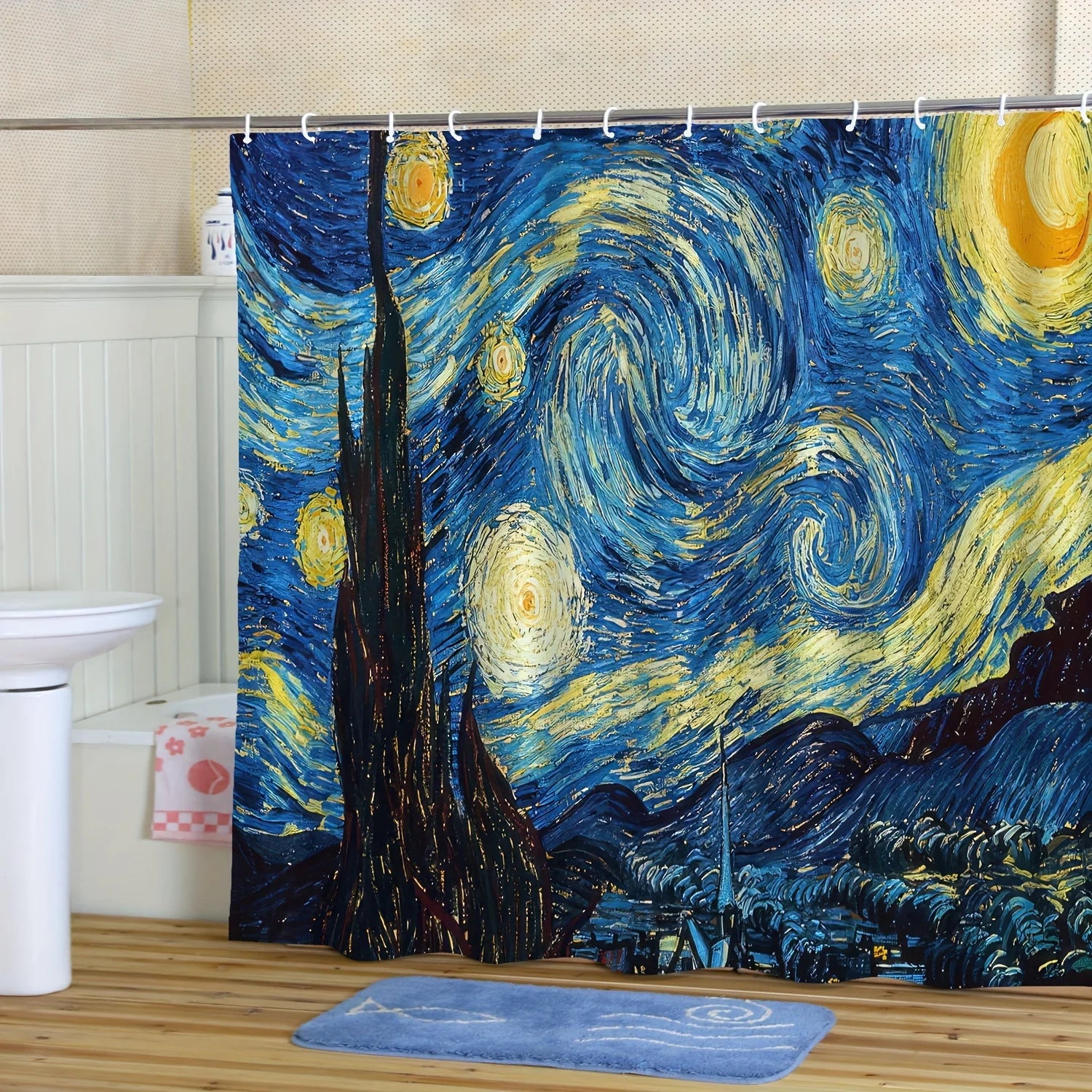 A Starry Night Shower Curtain: Bring the Iconic Masterpiece to Your Bathroom with This Stunning Design, Featuring Swirling Stars