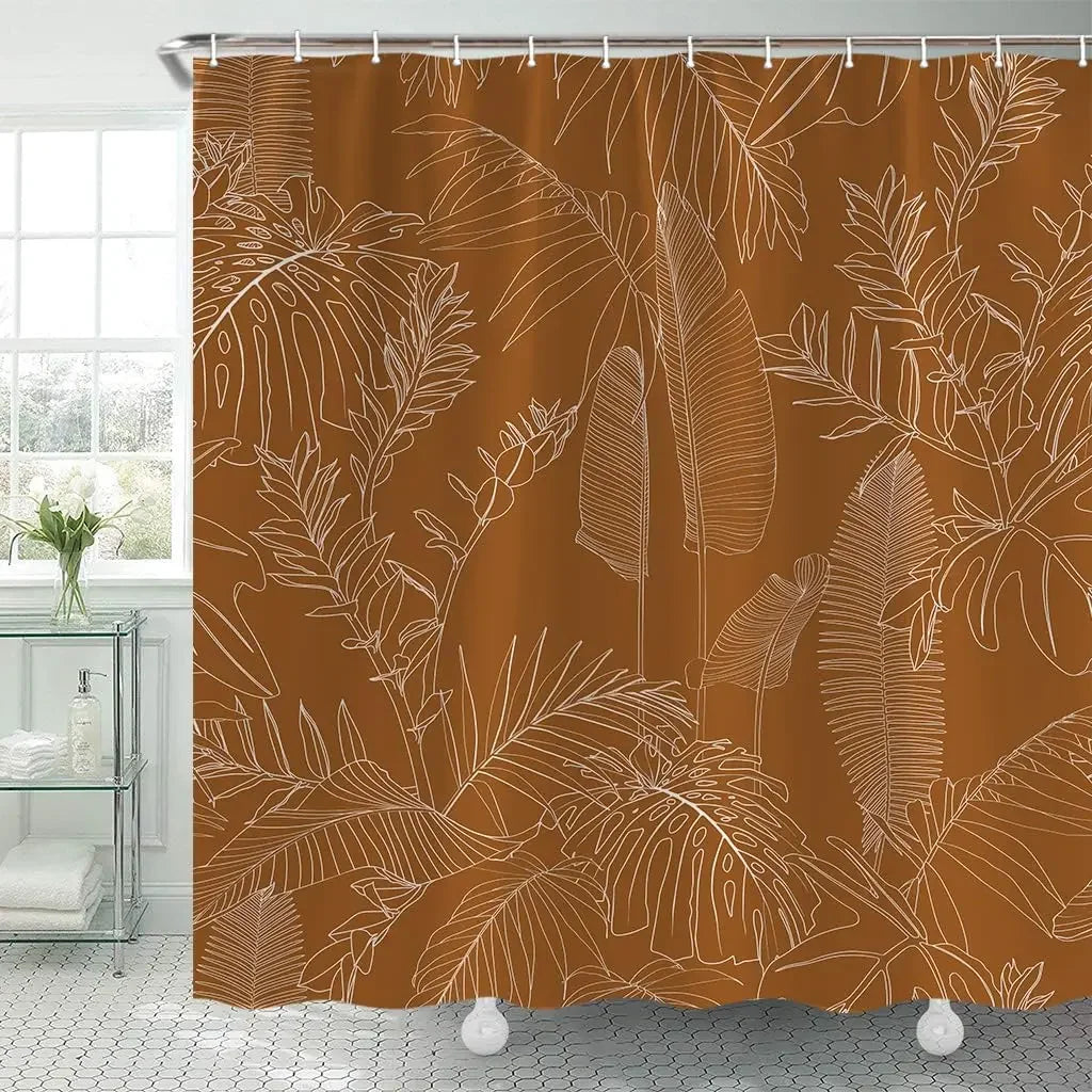 Simple Plant Black Shower Curtain, Decorative Shower Curtain for the Bathroom with Elegant Tropical Leaves and Flowers