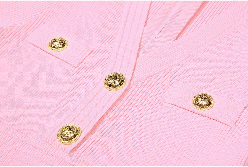 2025 Spring/Summer New Fashion Knitted Elastic Short Sleeve Solid Color Gold Button Slimming Style Commuter Women's Dress