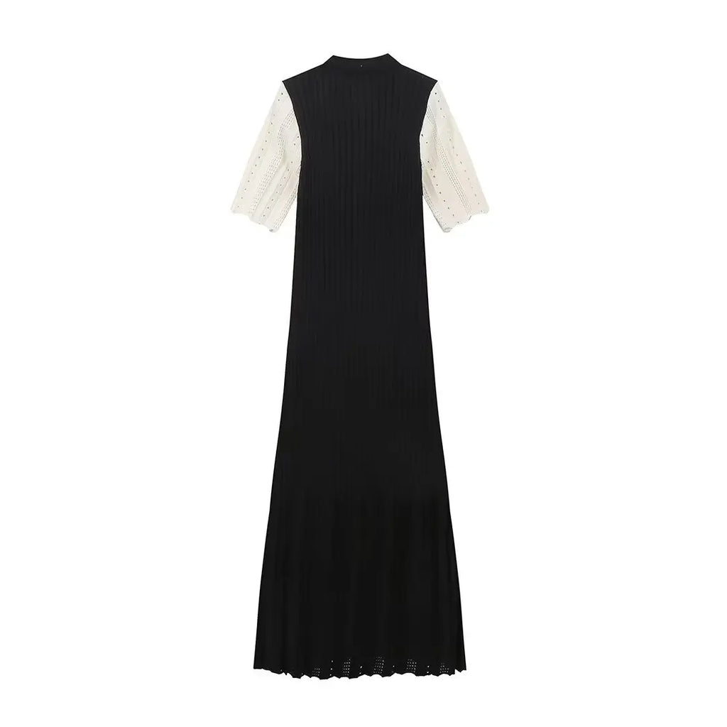 Elegant Knitted Single Breasted Midi Dress Women's Patchwork Dresses Female 2025 Summer Robe New Black Beige Robes Evening Party