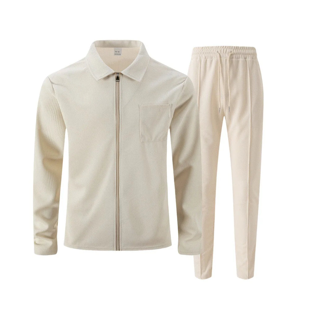 Men's autumn and winter waffle-pattern solid color zipped front pocket lapel fitted cardigan jacket set