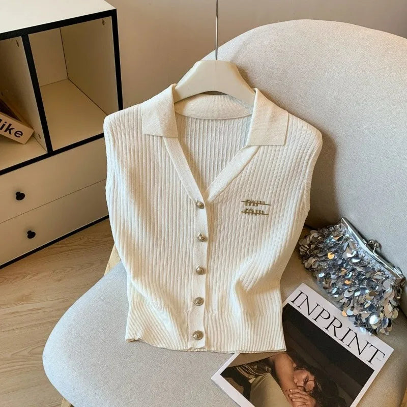2025 Summer Korean Style Embroidered Lapel Single-breasted Knitted Women's Sleeveless Versatile Temperament Sleeveless Tank Top