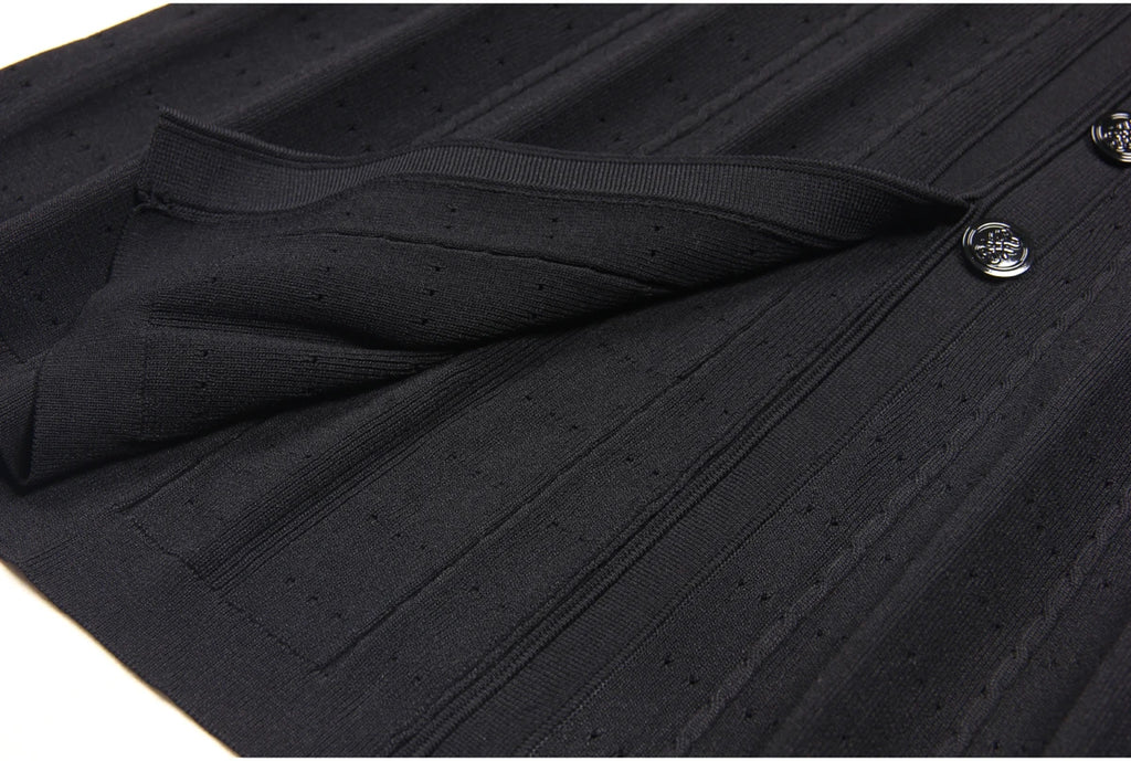 Three Color High-quality New Fashionable Elastic Knitted Hollow Round Neck Single Breasted Short Sleeved Slim Fit Women's Dress