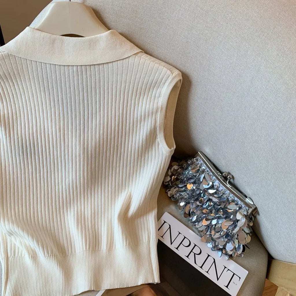 2025 Summer Korean Style Embroidered Lapel Single-breasted Knitted Women's Sleeveless Versatile Temperament Sleeveless Tank Top