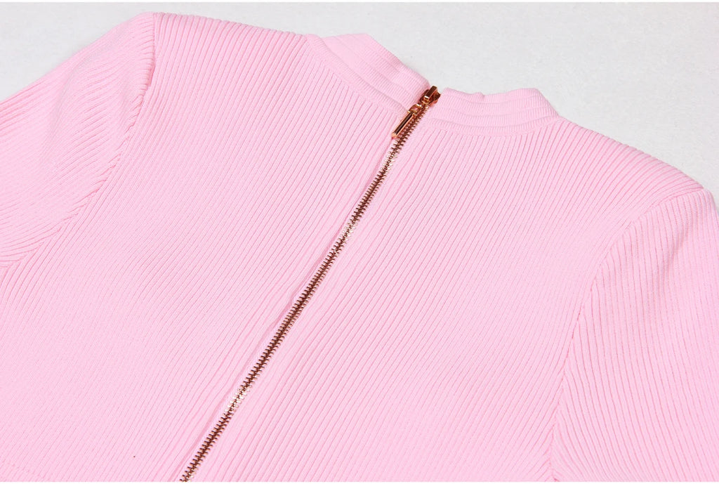 2025 Spring/Summer New Fashion Knitted Elastic Short Sleeve Solid Color Gold Button Slimming Style Commuter Women's Dress