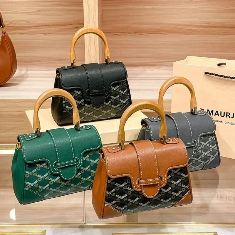 Women's Wooden Handle Genuine Leather Old Flower Cross-Border New Style Commute Keli Bag Single Shoulder Slant Cross Small Bag