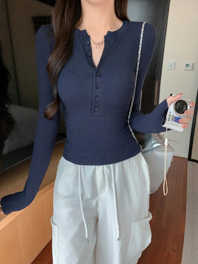 Solid Single Breasted Long Sleeve T-shirt Women Slim Fit Long Sleeve Tops 2025 Autumn Fashion Casual Basic T-shirt
