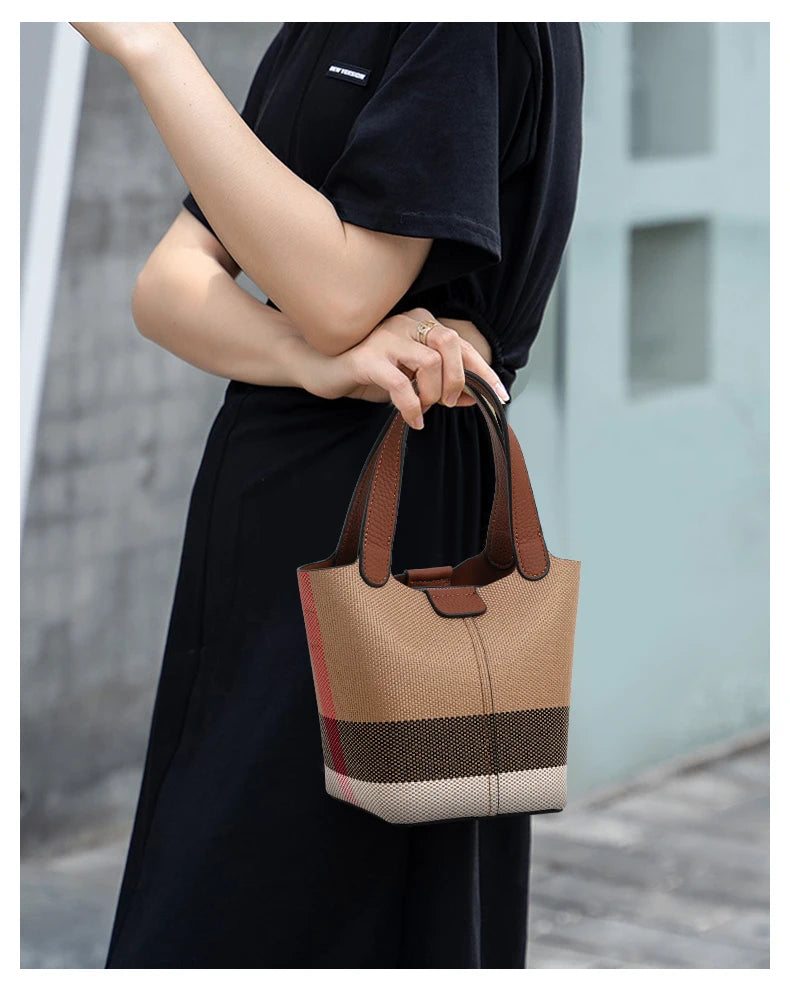 Genuine leather cowhide canvas checkered handbag 2025 new retro cross-body shoulder bag lady detachable shoulder strap small bag