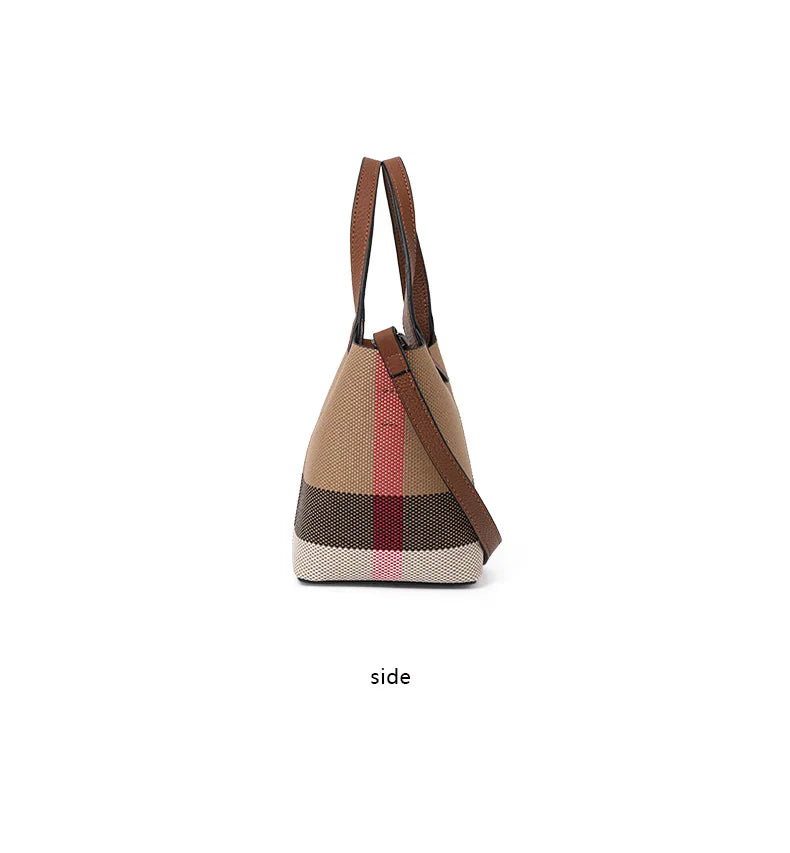 Genuine leather cowhide canvas checkered handbag 2025 new retro cross-body shoulder bag lady detachable shoulder strap small bag