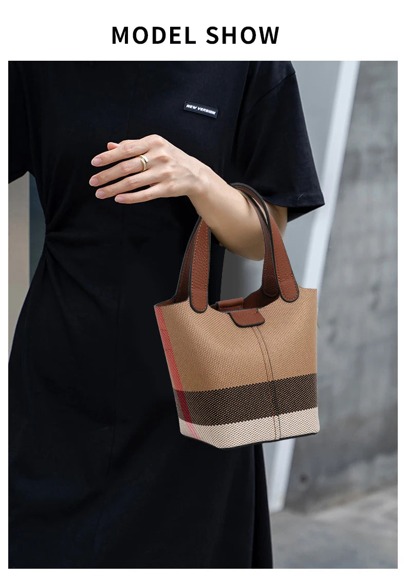 Genuine leather cowhide canvas checkered handbag 2025 new retro cross-body shoulder bag lady detachable shoulder strap small bag