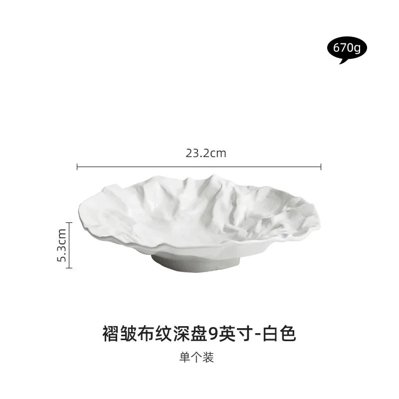 Folding deep plate, dishes, Japanese tableware, western-style salad, household ceramic high-grade tableware.