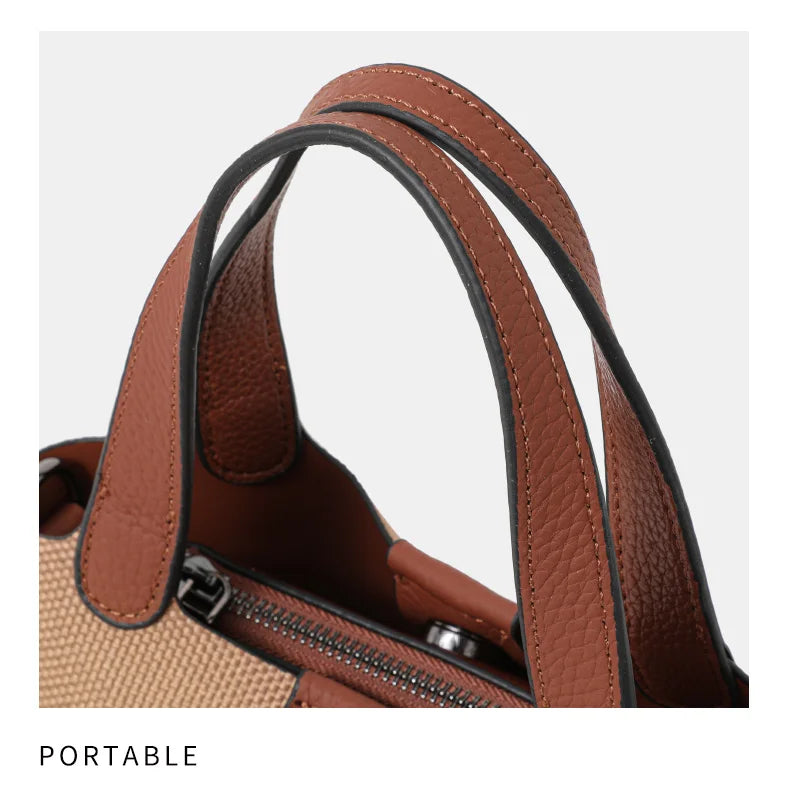 Genuine leather cowhide canvas checkered handbag 2025 new retro cross-body shoulder bag lady detachable shoulder strap small bag