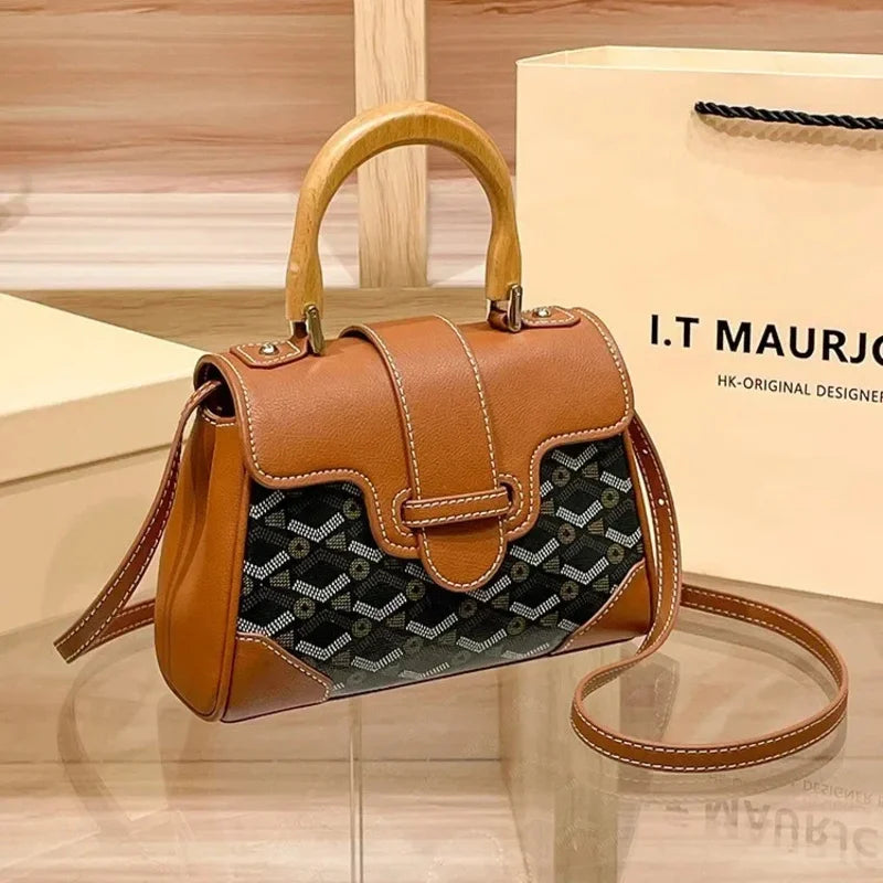 Women's Wooden Handle Genuine Leather Old Flower Cross-Border New Style Commute Keli Bag Single Shoulder Slant Cross Small Bag