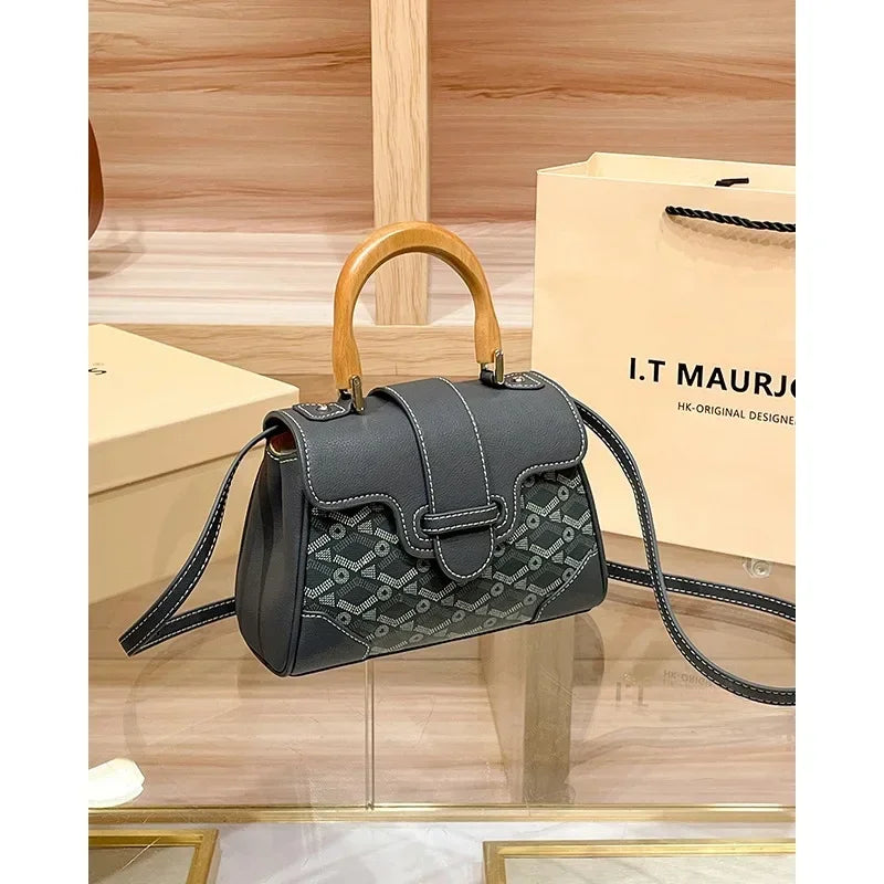 Women's Wooden Handle Genuine Leather Old Flower Cross-Border New Style Commute Keli Bag Single Shoulder Slant Cross Small Bag