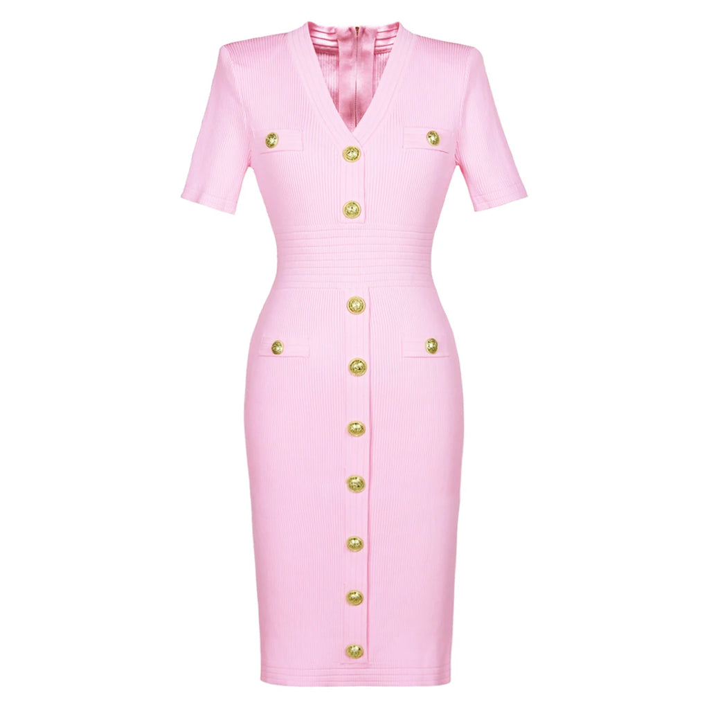 2025 Spring/Summer New Fashion Knitted Elastic Short Sleeve Solid Color Gold Button Slimming Style Commuter Women's Dress