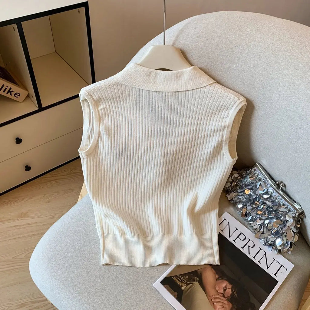 2025 Summer Korean Style Embroidered Lapel Single-breasted Knitted Women's Sleeveless Versatile Temperament Sleeveless Tank Top