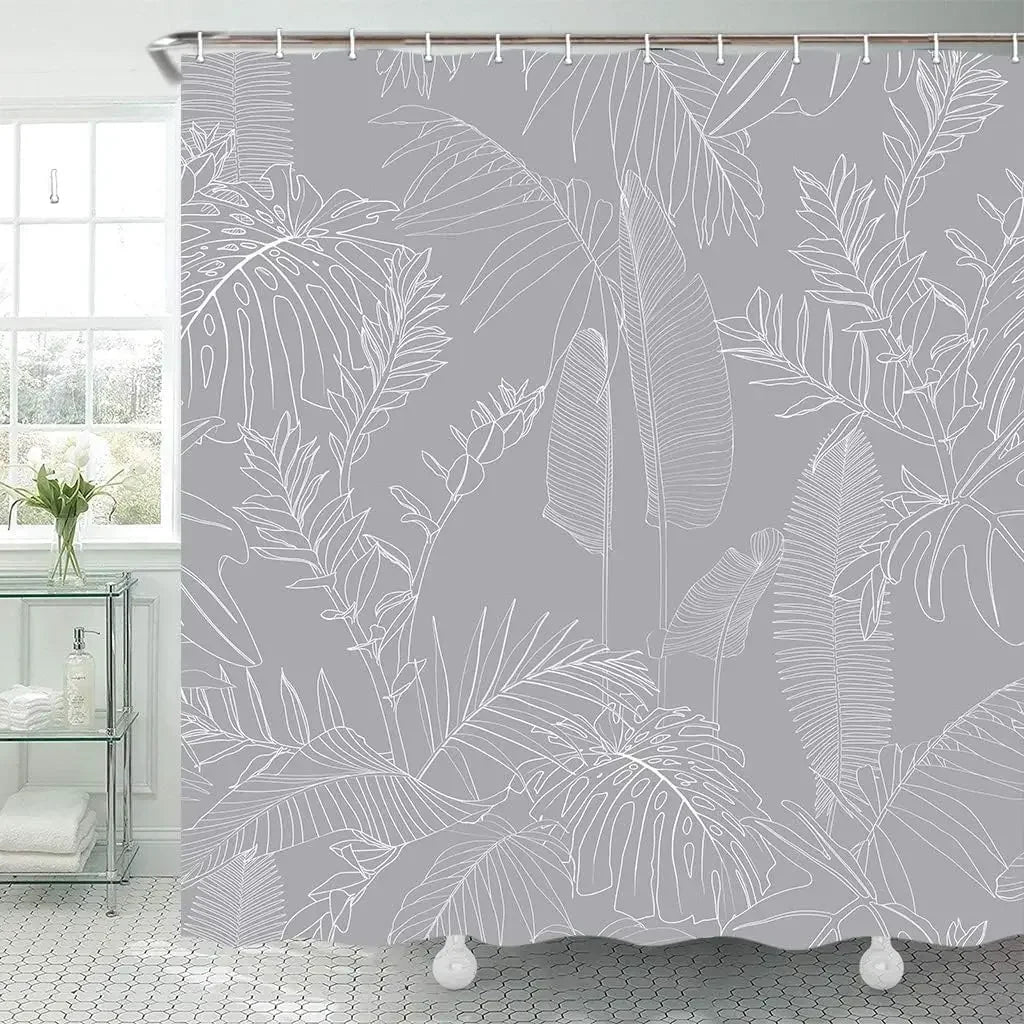 Simple Plant Black Shower Curtain, Decorative Shower Curtain for the Bathroom with Elegant Tropical Leaves and Flowers