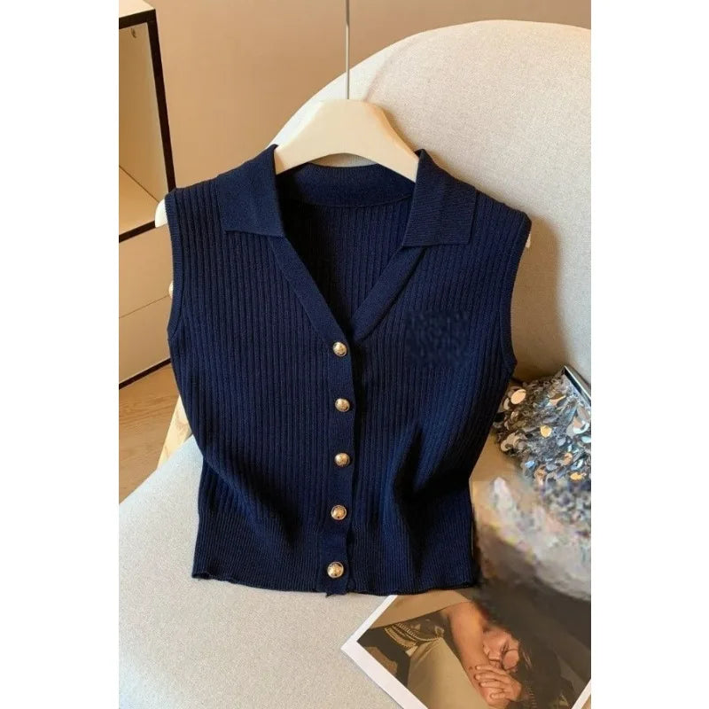 2025 Summer Korean Style Embroidered Lapel Single-breasted Knitted Women's Sleeveless Versatile Temperament Sleeveless Tank Top