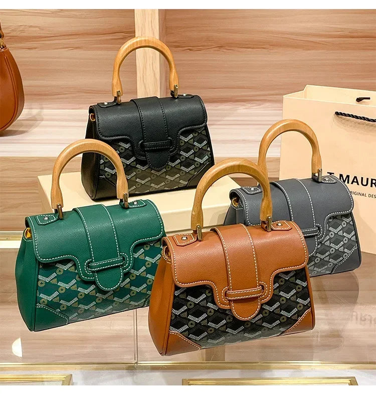 Women's Wooden Handle Genuine Leather Old Flower Cross-Border New Style Commute Keli Bag Single Shoulder Slant Cross Small Bag