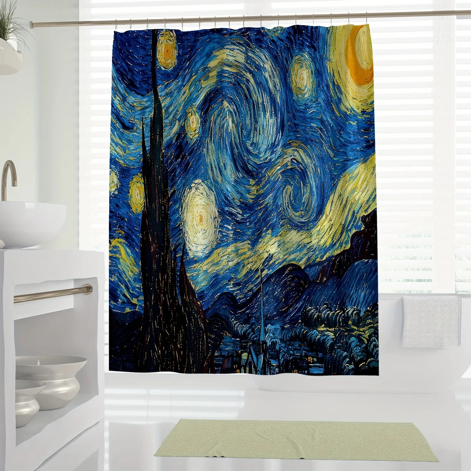 A Starry Night Shower Curtain: Bring the Iconic Masterpiece to Your Bathroom with This Stunning Design, Featuring Swirling Stars
