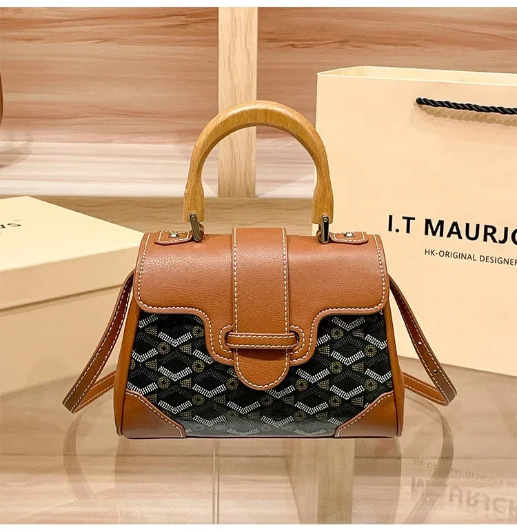 Women's Wooden Handle Genuine Leather Old Flower Cross-Border New Style Commute Keli Bag Single Shoulder Slant Cross Small Bag