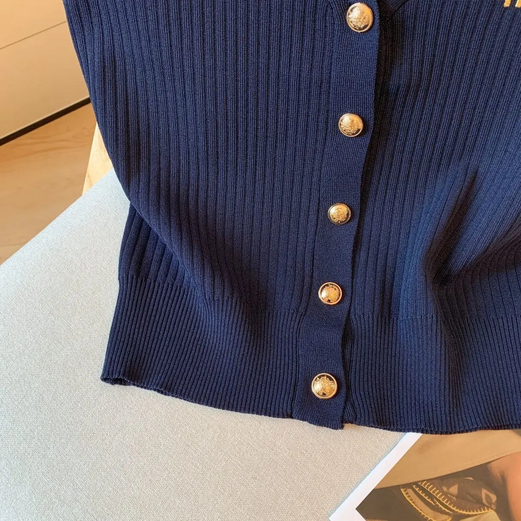 2025 Summer Korean Style Embroidered Lapel Single-breasted Knitted Women's Sleeveless Versatile Temperament Sleeveless Tank Top