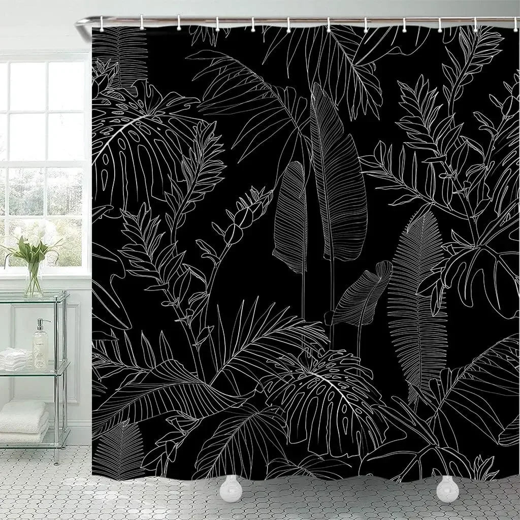 Simple Plant Black Shower Curtain, Decorative Shower Curtain for the Bathroom with Elegant Tropical Leaves and Flowers