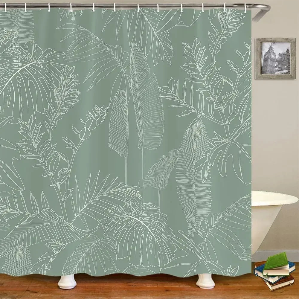 Simple Plant Black Shower Curtain, Decorative Shower Curtain for the Bathroom with Elegant Tropical Leaves and Flowers