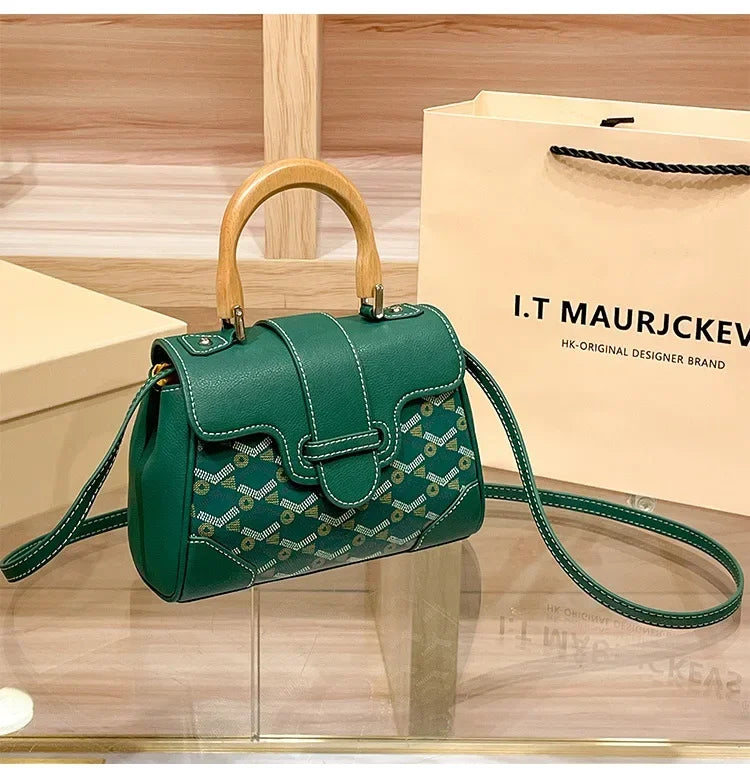 Women's Wooden Handle Genuine Leather Old Flower Cross-Border New Style Commute Keli Bag Single Shoulder Slant Cross Small Bag